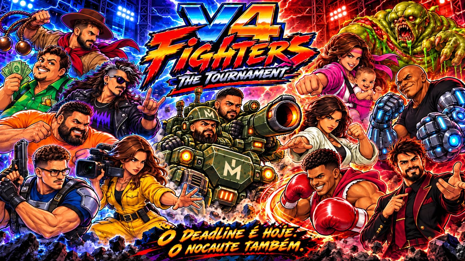 V4 Fighters – The Tournament: o elenco em volta do logo